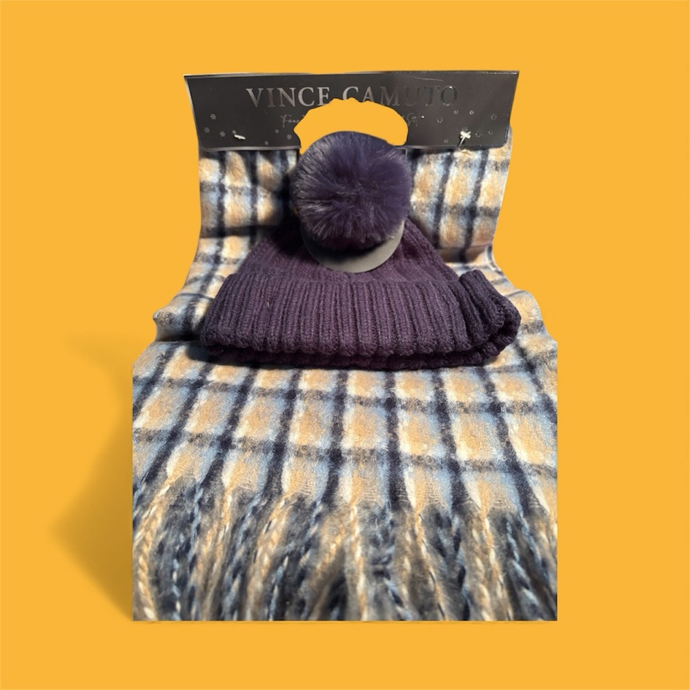 Women or Men Vince Camuto Blue and Cream Beanie and Checkered Scarf Set
